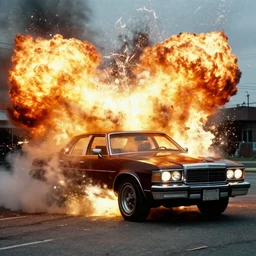 film still, explosion of a 1980 car, in American Psycho
