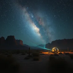 reclaimed by nature by buckminster fuller, nightsky wilderness retro desert laser apocalyptic san andreas bioshock lightpaint biopunk nature at night, archdaily, wallpaper, highly detailed, trending on artstation.
