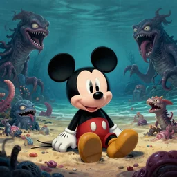 Mickey mouse sitting next to terrifying sea creatures on a creepy beach, digital art, in the style of Raphael Lacoste, super detailed, artstation