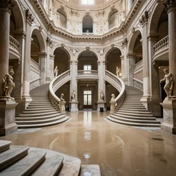 photo of flooded infinite classic halls with many huge marble staircases sculptures decrepit derelict abandoned piranessi
