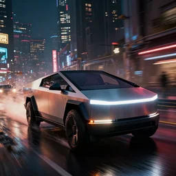 closeup photo of combat tesla cybertruck driving on wet dystopian cyberpunk city streets at night, mad max, action, speed, volumetric lighting, hdr, need for speed, gta 5, forza, ridley scott, makoto shinkai, syd mead, craig mullins, cinematic, fast and furious, blade runner, octane, 8 k, iso 1 0 0, 1 2 mm