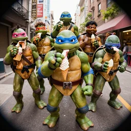 ninja turtles are high and eating ice cream, Greg Rutkowski, Darek Zabrocki, Karlkka, Jayison Devadas, Phuoc Quan, trending on Artstation, 8K, ultra wide angle, pincushion lens effect.