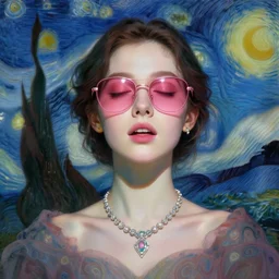 portrait of a beautiful girl, necklace, eyes closed, open mouth, shades of pink, beautiful face, rule of thirds, intricate outfit, spotlight, by greg rutkowski, by jeremy mann, by francoise nielly, by van gogh, digital painting