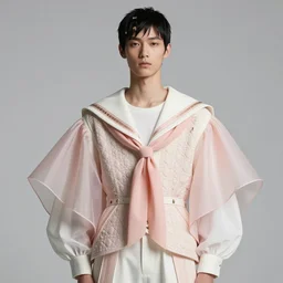 intricate savoir - faire design boyish couture details sailor collar in shell white peach pink dior modern avant garde attire airy double volume fluttery hardware fresh aesthetic, designer hairstyle hair piece, dramatic posing, stylized figure, high detail photography, sharp focus, expert composition smooth retouch