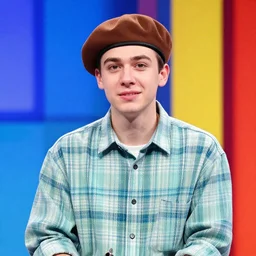 a thin guy with a big nose and an overbite wearing a brown beret and a palid green plaid shirt participating a quiz tv show, coloful, vibrant colors