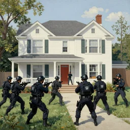 A Norman Rockwell painting of a house being raided by a SWAT team, detailed, masterpiece