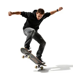 jovial skateboarder mid-trick, high detail digital art, full body, standing, isolated on a pure white background, centered, whole figure in frame, sharp focus, studio lighting