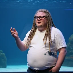 an obese white skinned entrepreneur with long dreadlocks and trendy glasses gives a ted talk inside a large aquarium filled with neon jellyfish, high detail, sharp focus, depth of field, hyper realistic, time magazine 2 0 2 2