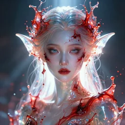 a frontal face portrait of transparent and beautiful elegant elemental entity made of blood + dissolving in to light + Ultra realistic! 25mm f/1.7 ASPH Lens + backlit + incredible lighting+ strong rim light + highly detailed + god rays + digital painting + HDRI, by Alvaro Castagnet, Peter Mohrbacher and Dan Mumford, vivid colors, high contrast, 8k resolution, intricate, photorealistic, smooth