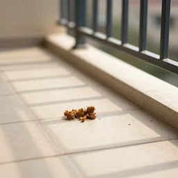 dog poo on apartment balcony, photojournalism, depth of field, zoom, ultra - hd, sunlight, viewed from a distance, tiles