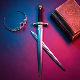 flatlay sword, tiara, and book collection, vivid colors, dramatic lighting