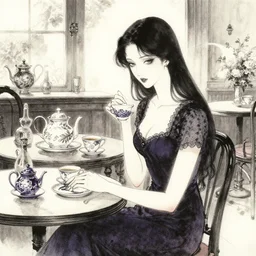 a woman in an elegant teahouse. color ink wash by award - winning mangaka, gothic horror, impressionism, depth of field, backlighting