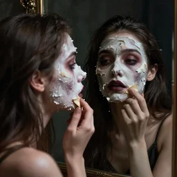 beautiful woman peeling off her face in the mirror, revealing the true ugliness in her soul, moody, dark, sad, digital art, hyper detailed, unsettling, bizarre,