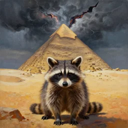In front a evil raccoon ploting the destruction of earth, in background a giant stormy rift in reality opens over a pyramid in the desert, award-winning, trending on artstation, oil on canvas, masterpiece, matte painting