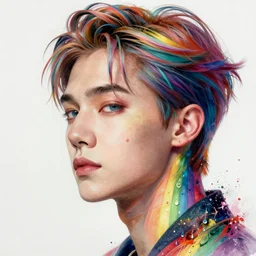 the head of a beautiful kpop man partially made of rainbows, an ultrafine detailed illustration by james jean, final fantasy, intricate linework, bright colors, behance contest winner, vanitas, angular, altermodern, unreal engine 5 highly rendered, global illumination, radiant light, detailed and intricate environment