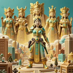 wide landscape city ceramic happy queen bounty hunter cyberpunk inca in tribal regalia, an idea seep's into infinity highly detailed in volumetric latent space, golden turquoise, cinematic light, sharp focus, divine realm of gods, octane render,