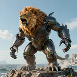 a long shot photography of a lion jaeger in the style of the movie pacific rim, detailed, 4k