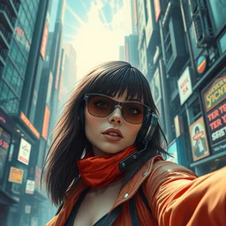 woman wearing cyberpunk clothing in a sci - fi city, high detail, crisp shading, in the style of greg rutkowski and alphonse mucha and lisa frank, selfie