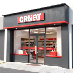 Award winning shopfront design, convenience store, anthracite with red accents, metal, paint, textures, highly detailed, bright signage
