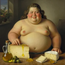 obese looking into camera, by fernando botero, cheese, oliven oil, grease, food, intricate details, happy