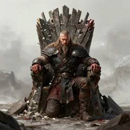 full body aesthetic digital illustration of a viking warrior kneeling before a broken throne, by anne stokes | dirty and bloody, battlefield, concept art, unreal engine, finalrender, centered, deviantart, artgerm