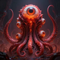 An Eldritch Organic House of The Void made of eyeballs and tentacles, Red and Orange colored, 4k, masterpiece, cinematic, glowing, by Greg Rutkowski, Trending on Artstation, Behance. Polished, Volumetric Lighting