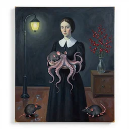 a portrait in a dark apartment, rats, a widow holding an octopus, streetlamps, wet, puddles, wild berries, ikebana, neo - expressionism, surrealism, acrylic and spray paint and oilstick on canvas