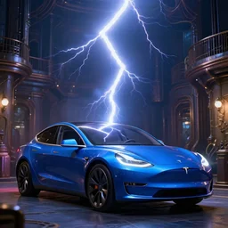 photography of a hyper realistic tesla blue lighning arc. steam punk background. high detail, professional digital art, unreal engine 5 8 k rendering