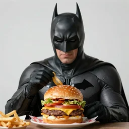 A still of Batman eating a Big Mac, 4k, photograph, ultra realistic, highly detailed, studio lighting