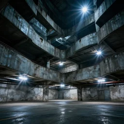 brutalism, underground city carpark, lighting with lensflares, photorealistic 8 k