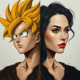 symmetrical bilateral half split portrait, son goku, natalie portman, abstract portrait painting