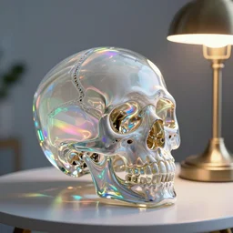 a glass skull on a white table with a lamp next to it, the skull is filled with liquid waves, vintage, neon, iridescent, smooth, sharp focus, high detail, deviantart, artstation, halo, octane render, cinematic, hyper realism, 8k, depth of field, bokeh, art by Tooth Wu and wlop and beeple and dan mumford and greg rutkowski