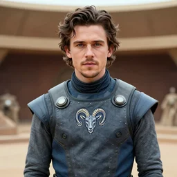 Portrait photo of adult Austin Butler with exposed dark-hair head, dressed in grey-prussian blue Tudor-future clothing with embroidered-Rams-head-emblem, and nanocarbon-vest, in an arena in Dune 2021, XF IQ4, f/1.4, ISO 200, 1/160s, 8K