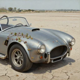 closeup of rusty shelby cobra, vine covered, desert, cracked dry lake bed, by Zdzislaw Beksinski, Norman Rockwell, highly detailed, soft lighting, film grain, 8k resolution, hd, oil on canvas