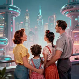 1950's style family looking at futuristic city, retropunk, high tech, happy family, digital art