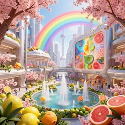 shanghai full of sakura with rainbow, citrus fruit ( ( lemon, orange, lime, grapefruit ) ), within interior futuristic expansive city hall cyberpunk, sci - fi, fantasy, wide angle highly detailed by santiago calatrava, foliage, fountains, wall art!, levitating people, by saturno butto and wlod, octane render go