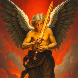 thomas cowperthwait eakins, vibrant colors, archangel blonde hair glowing eyes holding a flaming sword, red sky, apocalypse, end of times, famine