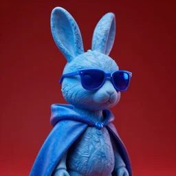 rabbit groot as marble statue with sunglasses, blue sunglasses, in red background, soft blue texture, blue realistic 3 d render, high blue lights, 4 k, high detailed photography cape, 5 0 mm lens, rich blue colors, smooth gradients, depth of field, cinematic, hyper realism, high detail, octane render, unreal engine, 8 k very red colors, cape