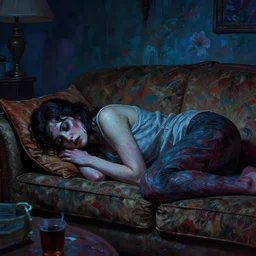 cinematic colorful horror artwork by artgerm, mark brooks ; real life full portrait of beautiful dove cameron lying on couch sleeping on her stomach, living room, midnight ; scary, 8 k hdr, creepy intricate ; volumetric dramatic lighting, detailed, haunting