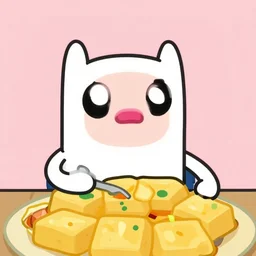mapo tofu as cartoon, hyperpop aesthetics on the background, minimal, sweet color scheme, as an adventure time! cartoon!, medium plane