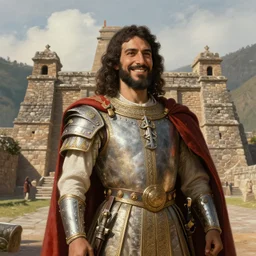 smile spanish conquer soldier francisco pizarro on a inca temple, portrait, wide view, high detailed, full perfect, high detail, digital painting, octane rendered, 4 k, trending on artstation