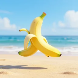 A dancing banana at the beach, 3d render, simplistic