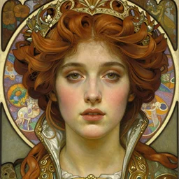 detailed realistic beautiful young medieval queen face portrait by jean delville, alphonse mucha, vincent van gogh, and marco mazzoni, art nouveau, symbolist, visionary, gothic, pre - raphaelite