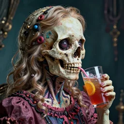 Alice drinks a mystery drink and shrinks,highly detailed,half skull face,cinematic,8k,by Stanley Artgermm,Tom Bagshaw,Greg Rutkowski,Carne Griffiths, Ayami Kojima, Beksinski, Giger,trending on DeviantArt,hyper detailed,horror, full of colour