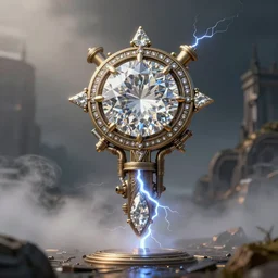 steampunk amulet with diamond jewel and small steam tubes, volumetric lightning, octane render, realistic fog, extremely high detailed