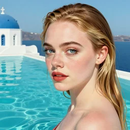 Elle Fanning by the pool in Santorini, head and shoulders portrait, extremely detailed masterpiece, Roger Deakin’s cinematography, illustration, by Michael Sowa,
