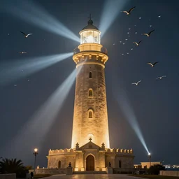 Detailed Exterior Shot of The Magical Wizard Lighthouse of Alexandria, light of god, light shafts, flock of birds, stunning atmosphere, in Style of Peter Mohrbacher, cinematic lighting