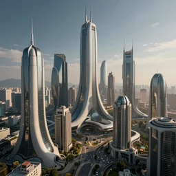 A futuristic city where every building looks crazy as hell, wide shot