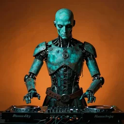 portrait of a medieval cyborg dj, by hans bellmer, by caravaggio, teal orange, studio light, cinematic light
