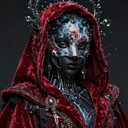 highly detailed and decorated beautiful black empress, all dressed in water bubbles and expensive fabric, beautiful face and eyes, robotic mask on his face, red velvet fabric made of paint, cel shaded, cinematic shot, trending on artstation, color fluid oil paint and acrylic paint, melting wax, by tom bagshaw and jama jurabaev and beep